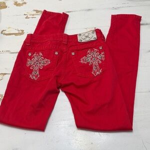 Miss Me Red Skinny Jeans Cross Pockets